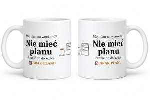Kubek ceramiczny „Mój plan na weekend?” – widok wzoru z lewej i prawej strony