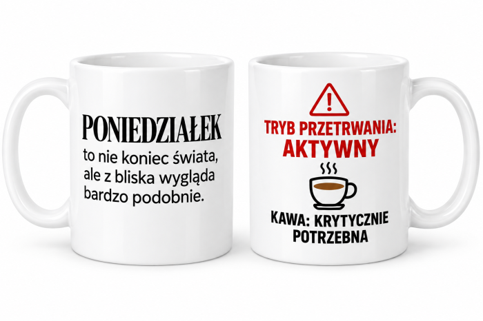 Kubek ceramiczny „Poniedziałek: tryb przetrwania” z dwustronnym nadrukiem i zabawnymi hasłami o kawie.