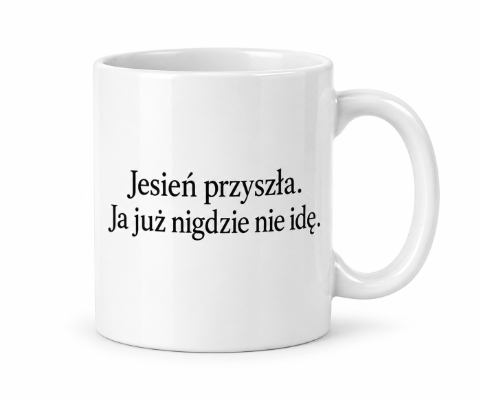 Kubek ceramiczny Jesień przyszła – widok z hasłem