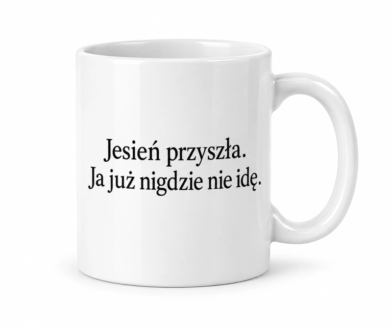 Kubek ceramiczny Jesień przyszła – widok z hasłem