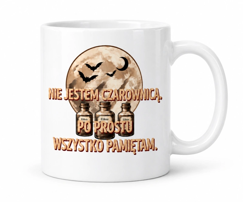 Biały kubek ceramiczny z księżycem, nietoperzami, buteleczkami eliksiru i napisem „Nie jestem czarownicą. Po prostu wszystko pamiętam.”