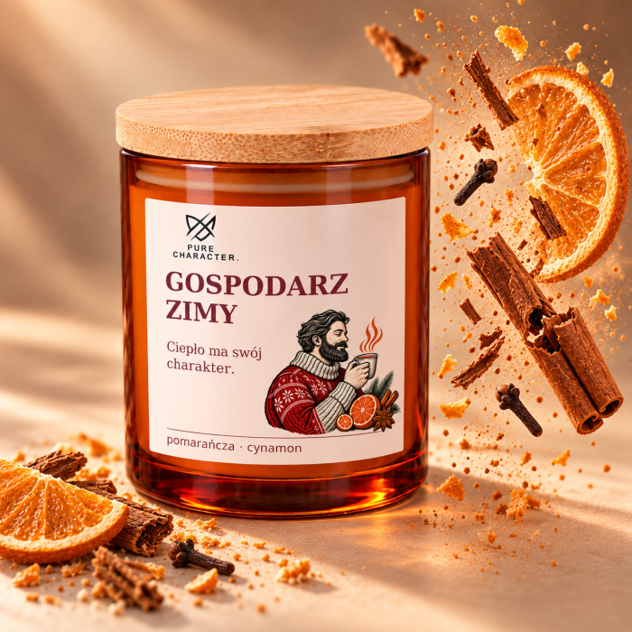 Świeca Gospodarz Zimy Pure Character w bursztynowym słoiku, obok zawieszone w powietrzu plastry pomarańczy, kawałki cynamonu i goździki.