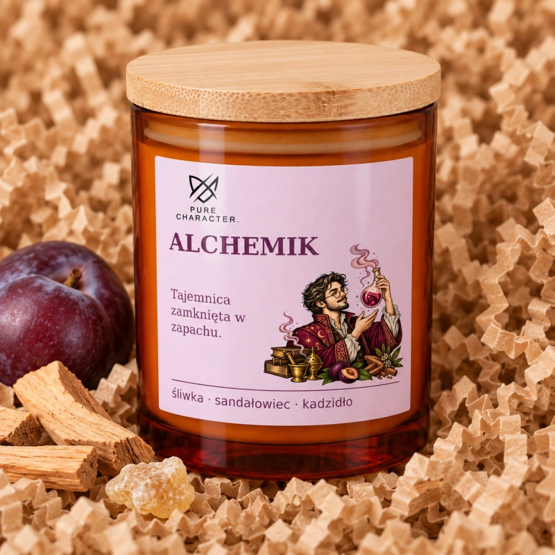 Alchemik – bursztynowy słoik z etykietą i bambusową pokrywką na papierowym sianku, obok dekoracje zapachowe. Alchemik — Orientalny. Wizualizacja; dodatki dekoracyjne nie są częścią produktu.