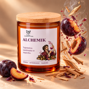 Świeca Alchemik Pure Character w bursztynowym słoiku, obok rozpadająca się śliwka, krople soku, fragmenty drewna i delikatna smuga dymu.