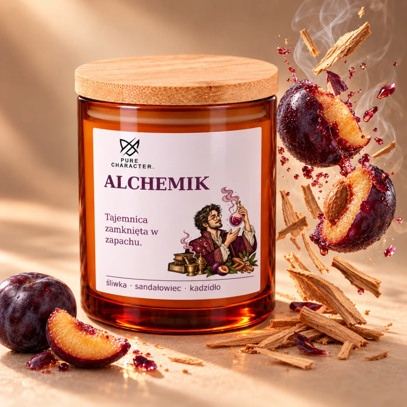 Świeca Alchemik Pure Character w bursztynowym słoiku, obok rozpadająca się śliwka, krople soku, fragmenty drewna i delikatna smuga dymu.