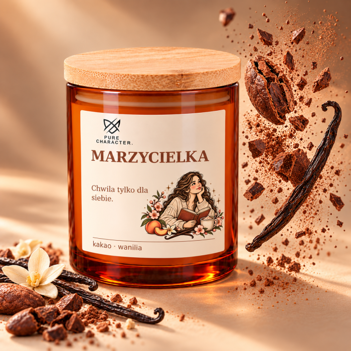 Świeca Marzycielka Pure Character w bursztynowym słoiku, obok pękające ziarno kakao, unoszące się drobinki kakao i laska wanilii.