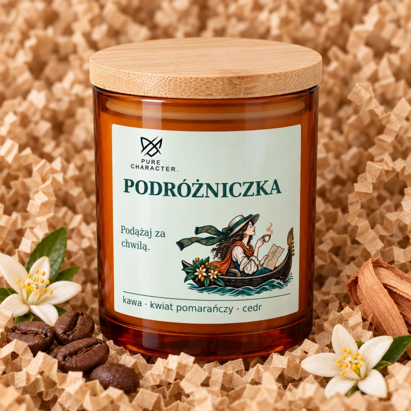 Podróżniczka – bursztynowy słoik z etykietą i bambusową pokrywką na papierowym sianku, obok dekoracje zapachowe. Podróżniczka — Wenecki Rejs. Wizualizacja; dodatki dekoracyjne nie są częścią produktu.