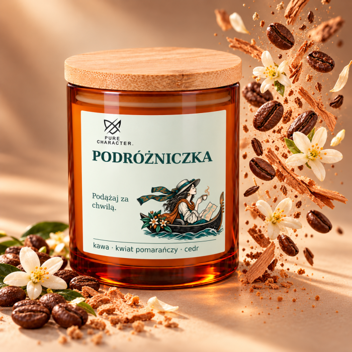 Świeca Podróżniczka Pure Character w bursztynowym słoiku, obok unoszące się ziarna kawy, białe kwiaty pomarańczy i wiórki drewna.