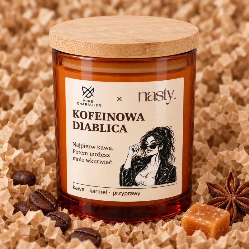Kofeinowa Diablica – bursztynowy słoik z etykietą i bambusową pokrywką na papierowym sianku, obok dekoracje zapachowe. Kofeinowa Diablica — Kawa Arabica. Wizualizacja; dodatki dekoracyjne nie są częścią produktu.