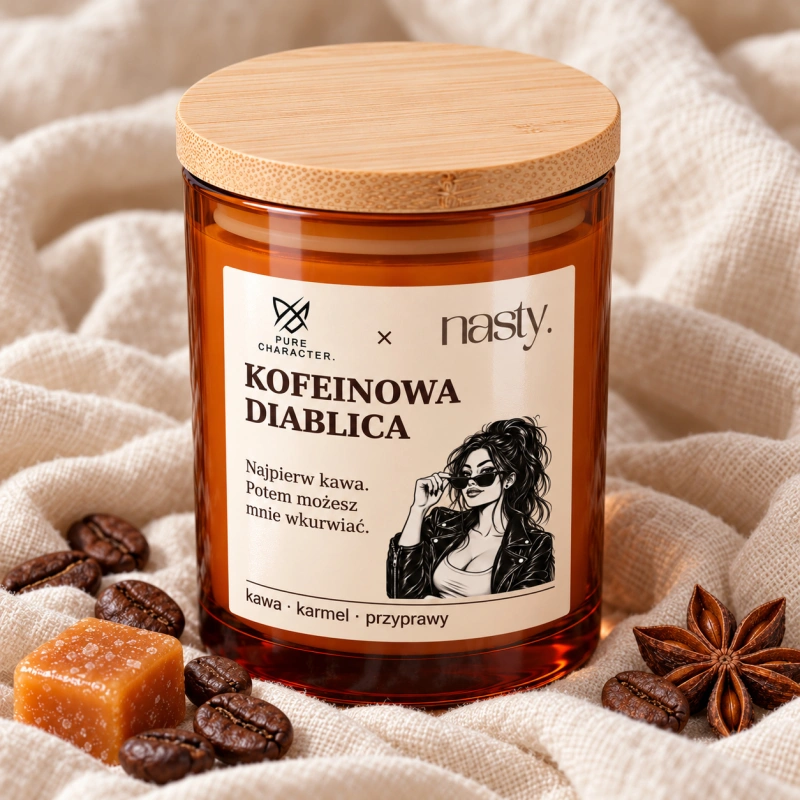 Kofeinowa Diablica – otwarty bursztynowy słoik z jasnym woskiem, widoczną etykietą i bambusową pokrywką obok na lnie. Zbliżenie słoika, etykiety i bambusowej pokrywki. Wizualizacja produktu.