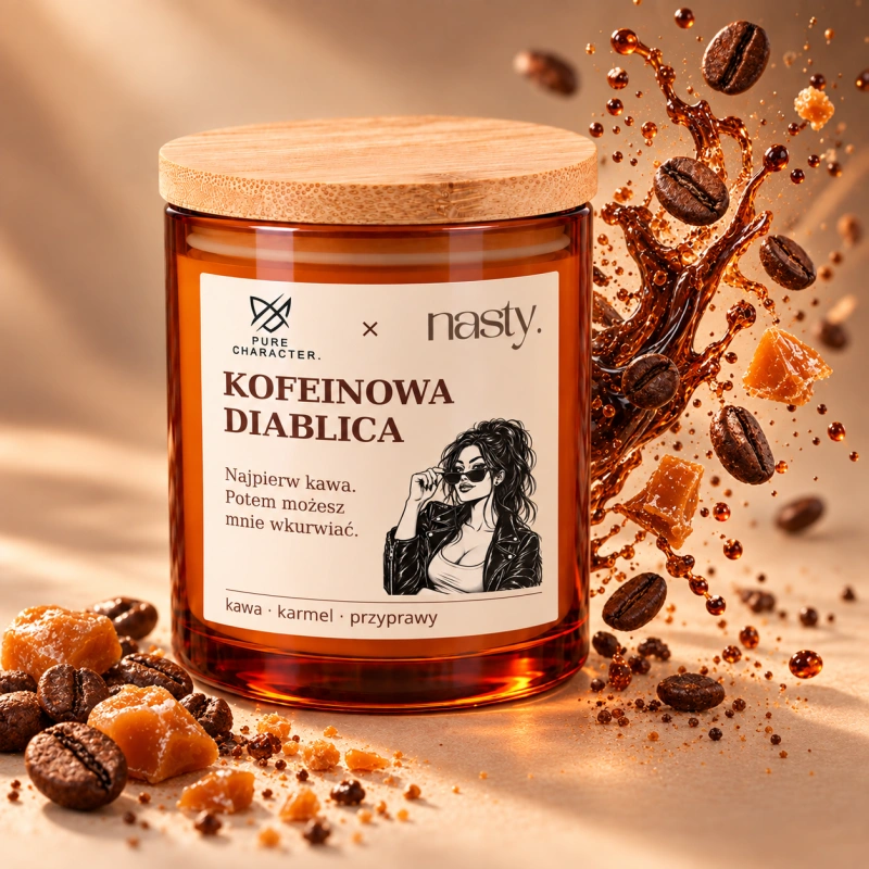 Świeca Kofeinowa Diablica z logo Pure Character i nasty. w bursztynowym słoiku, obok rozprysk kawy, unoszące się ziarna i kawałki karmelu.