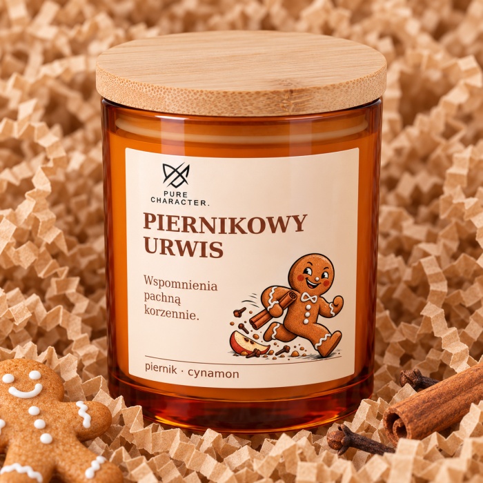 Piernikowy Urwis – bursztynowy słoik z etykietą i bambusową pokrywką na papierowym sianku, obok dekoracje zapachowe. Piernikowy Urwis — Piernik. Wizualizacja; dodatki dekoracyjne nie są częścią produktu.