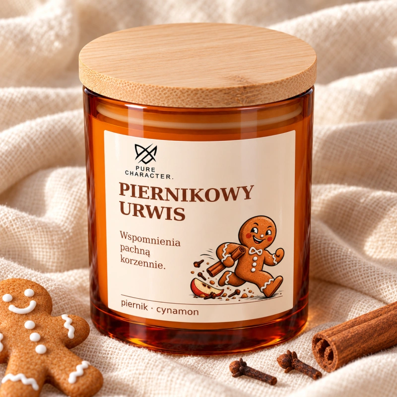 Piernikowy Urwis – otwarty bursztynowy słoik z jasnym woskiem, widoczną etykietą i bambusową pokrywką obok na lnie. Zbliżenie słoika, etykiety i bambusowej pokrywki. Wizualizacja produktu.