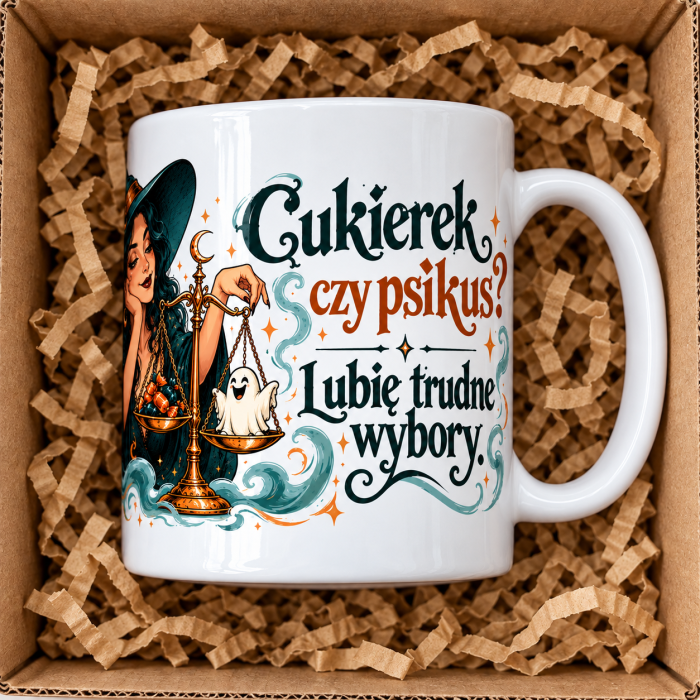 Wizualizacja kubka „Cukierek czy psikus?” – prawy bok, ucho po prawej i napis.