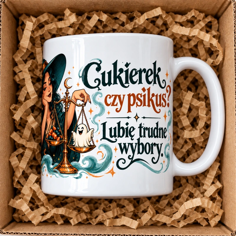 Wizualizacja kubka „Cukierek czy psikus?” – prawy bok, ucho po prawej i napis.