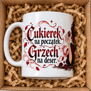 Wizualizacja kubka „Grzech na deser” – lewy bok, ucho po lewej i napis.