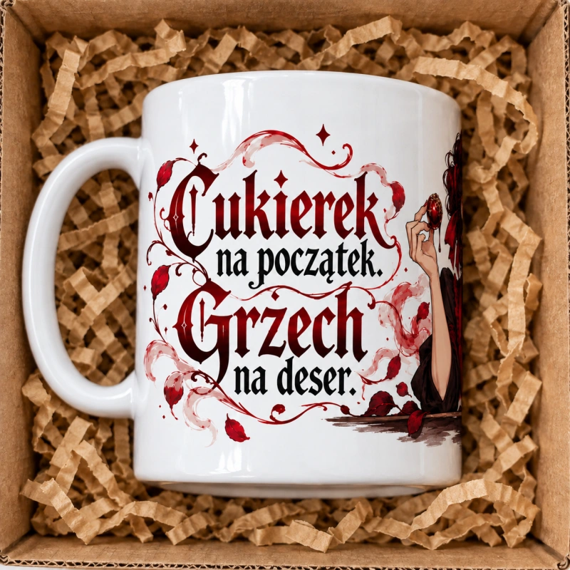 Wizualizacja kubka „Grzech na deser” – lewy bok, ucho po lewej i napis.