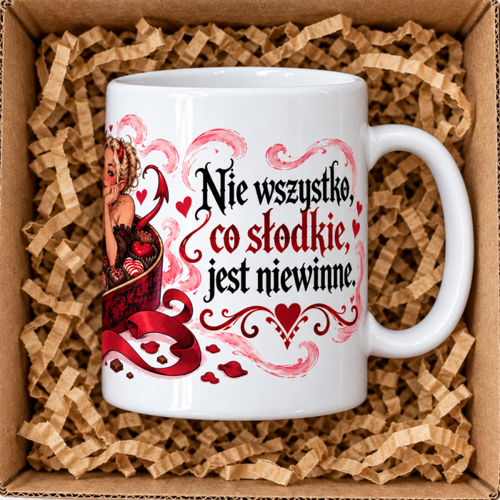 Wizualizacja kubka „Nie wszystko, co słodkie” – prawy bok, ucho po prawej i napis.