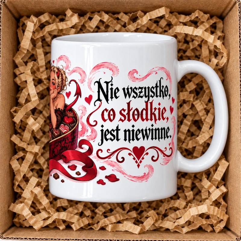 Wizualizacja kubka „Nie wszystko, co słodkie” – prawy bok, ucho po prawej i napis.