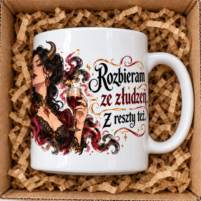 Wizualizacja kubka „Rozbieram ze złudzeń” – prawy bok, ucho po prawej i napis.