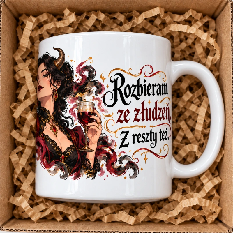 Wizualizacja kubka „Rozbieram ze złudzeń” – prawy bok, ucho po prawej i napis.