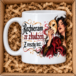 Wizualizacja kubka „Rozbieram ze złudzeń” – lewy bok, ucho po lewej i napis.
