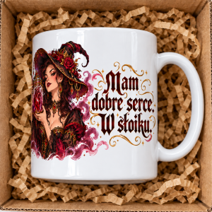 Wizualizacja kubka „Mam dobre serce” – prawy bok, ucho po prawej i napis.