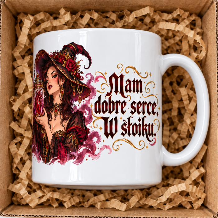 Wizualizacja kubka „Mam dobre serce” – prawy bok, ucho po prawej i napis.