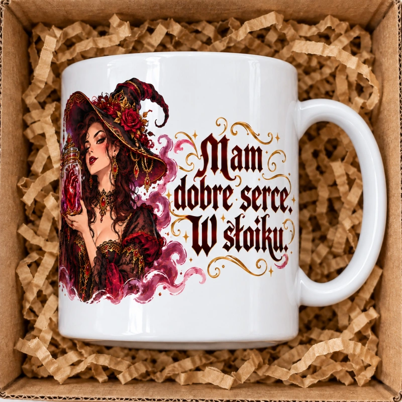 Wizualizacja kubka „Mam dobre serce” – prawy bok, ucho po prawej i napis.