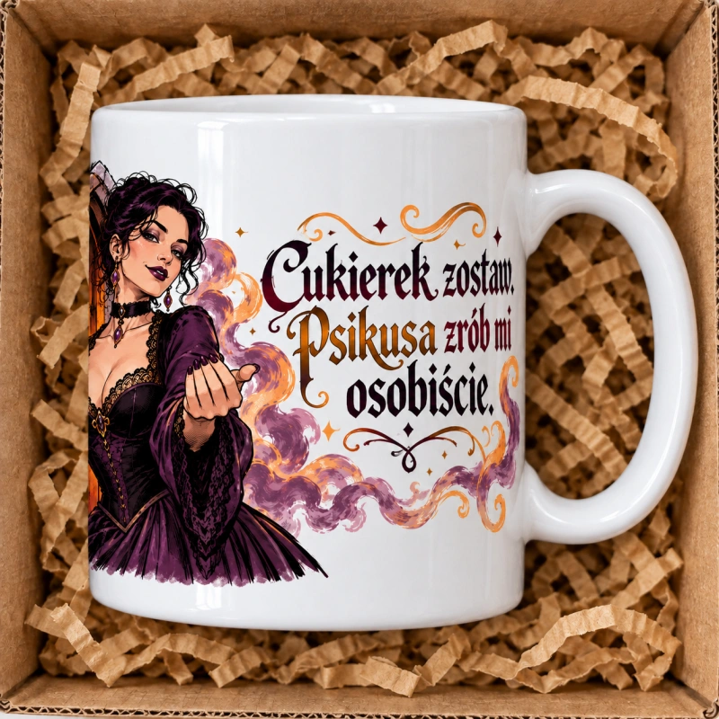 Wizualizacja kubka „Cukierek zostaw” – prawy bok, ucho po prawej i napis.