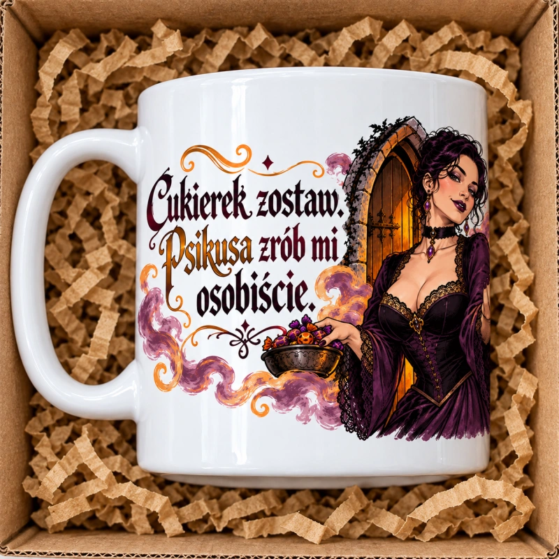 Wizualizacja kubka „Cukierek zostaw” – lewy bok, ucho po lewej i napis.