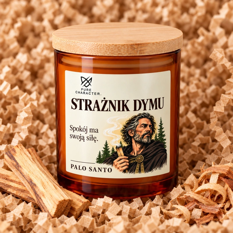 Świeca Strażnik Dymu w bursztynowym słoiku na papierowym wypełniaczu, obok kawałków drewna.