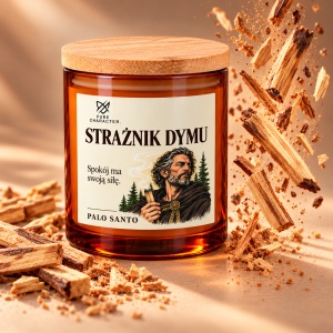 Strażnik Dymu na beżowym tle z unoszącymi się obok kawałkami drewna i wiórami.