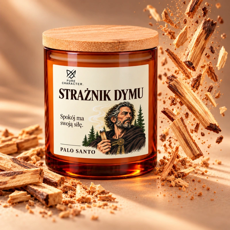 Strażnik Dymu na beżowym tle z unoszącymi się obok kawałkami drewna i wiórami.