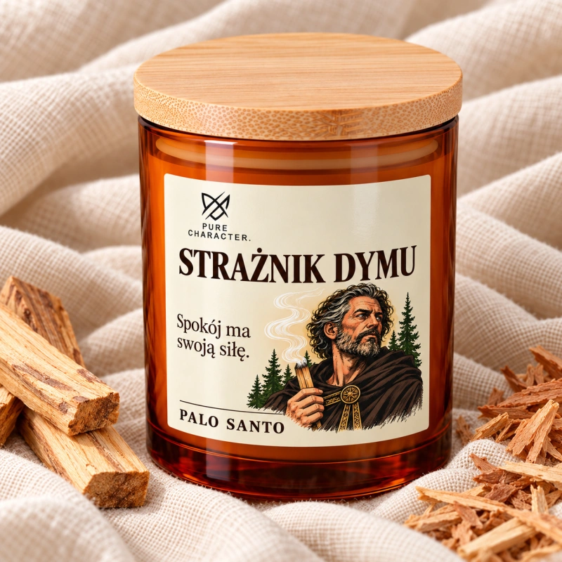 Świeca Strażnik Dymu na jasnym lnie, otoczona drewienkami i wiórami.