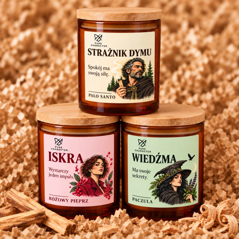 Piramida świec Pure Character: Strażnik Dymu na górze, Iskra i Wiedźma na dole.