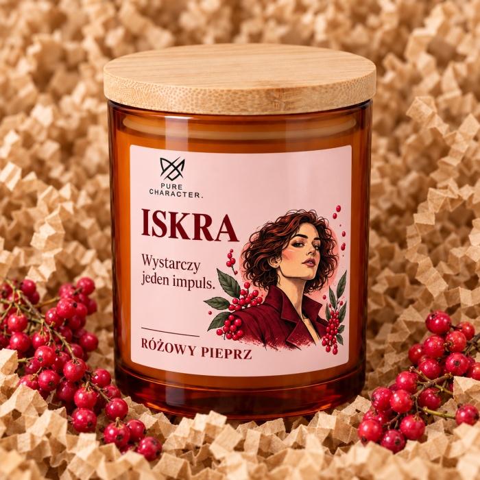 Świeca Iskra z różową etykietą na papierowym wypełniaczu, obok owoców różowego pieprzu.