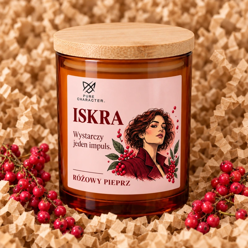 Świeca Iskra z różową etykietą na papierowym wypełniaczu, obok owoców różowego pieprzu.