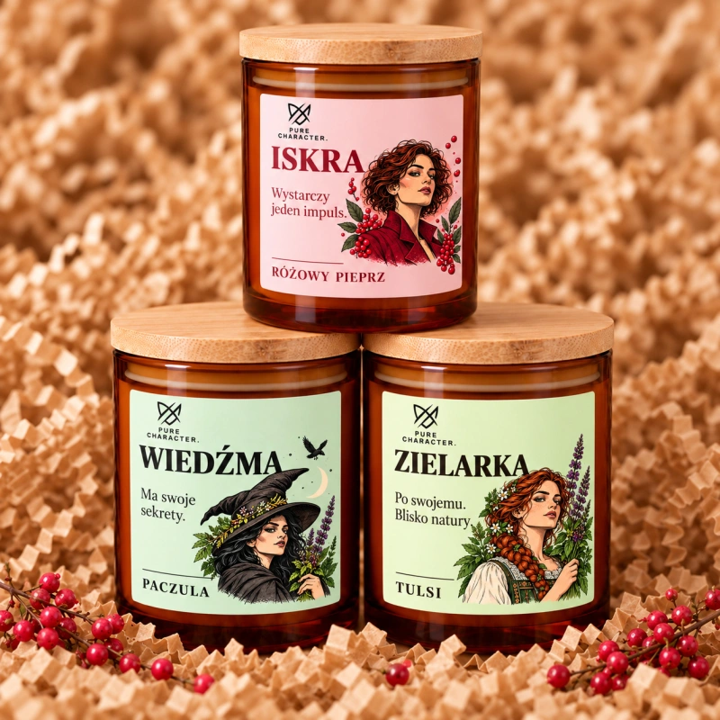 Piramida świec Pure Character: Iskra na górze, Wiedźma i Zielarka na dole.