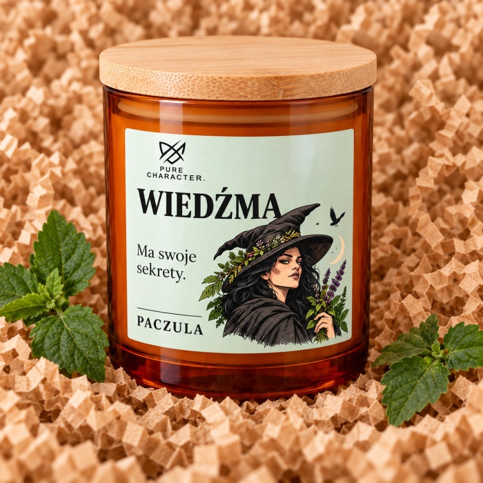 Świeca Wiedźma z zieloną etykietą na papierowym wypełniaczu, otoczona zielonymi liśćmi.