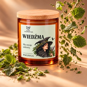 Świeca Wiedźma na beżowym tle z zielonymi liśćmi unoszącymi się obok słoika.