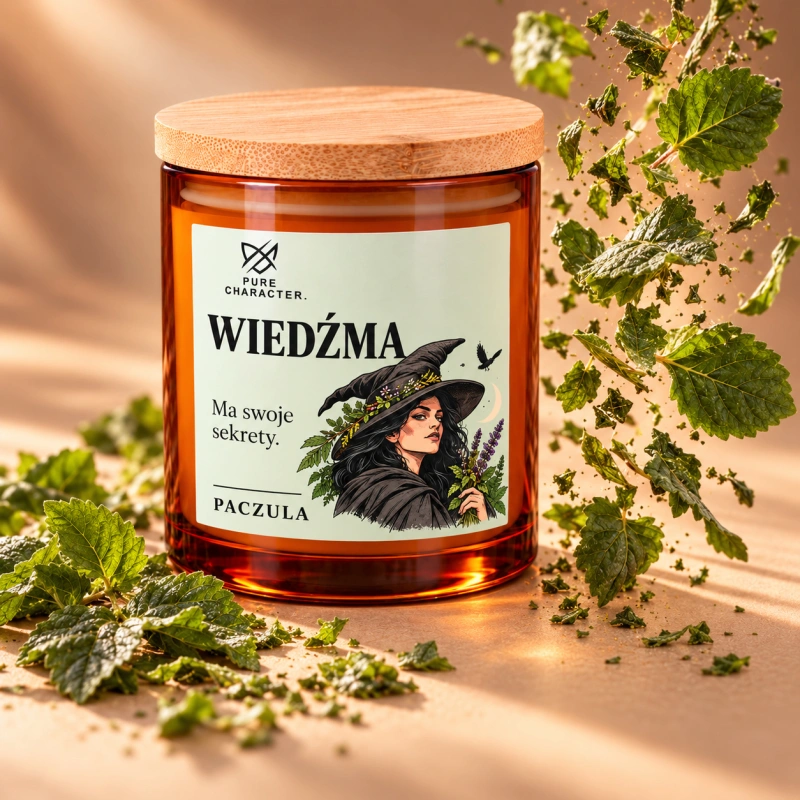 Świeca Wiedźma na beżowym tle z zielonymi liśćmi unoszącymi się obok słoika.