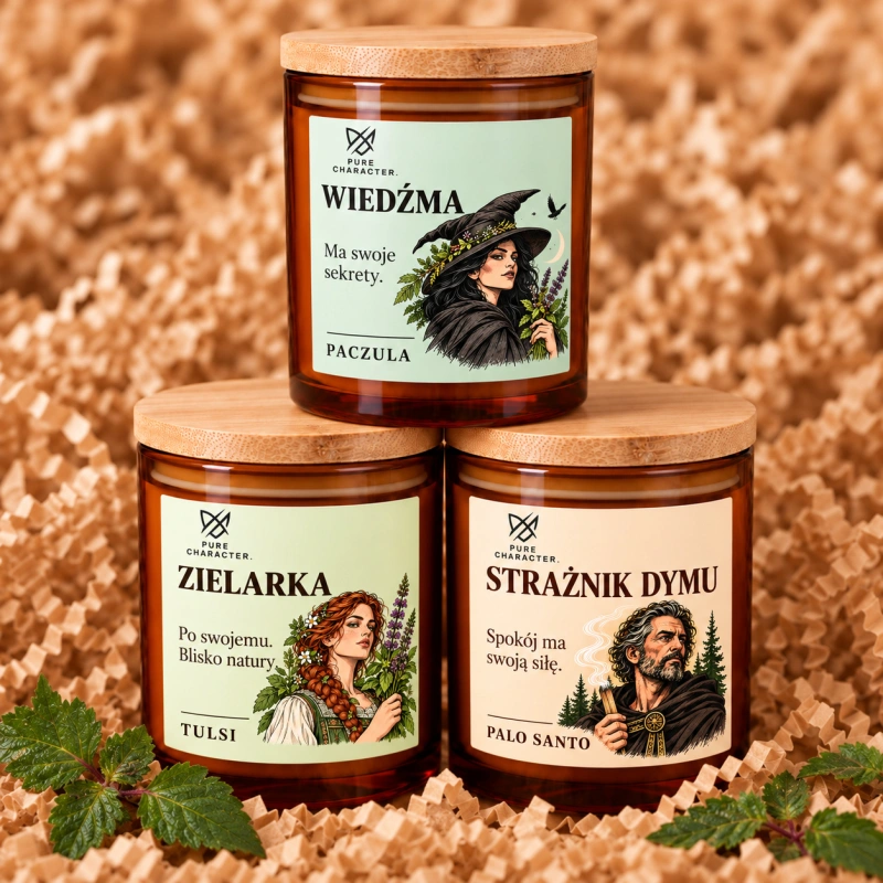 Piramida świec Pure Character: Wiedźma na górze, Zielarka i Strażnik Dymu na dole.