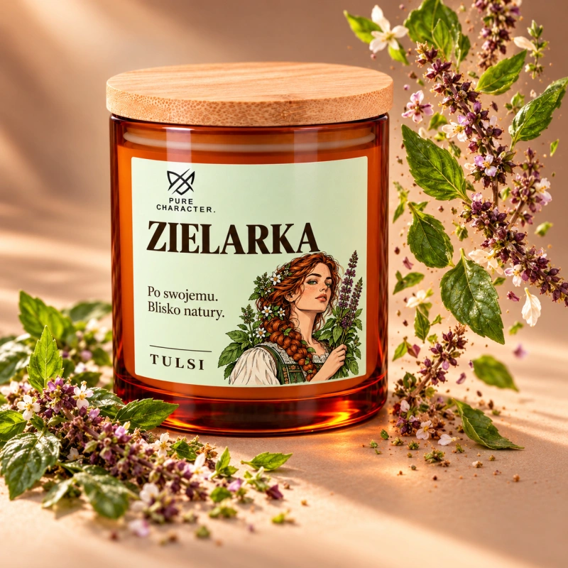 Świeca Zielarka na beżowym tle z unoszącymi się liśćmi i drobnymi kwiatami.