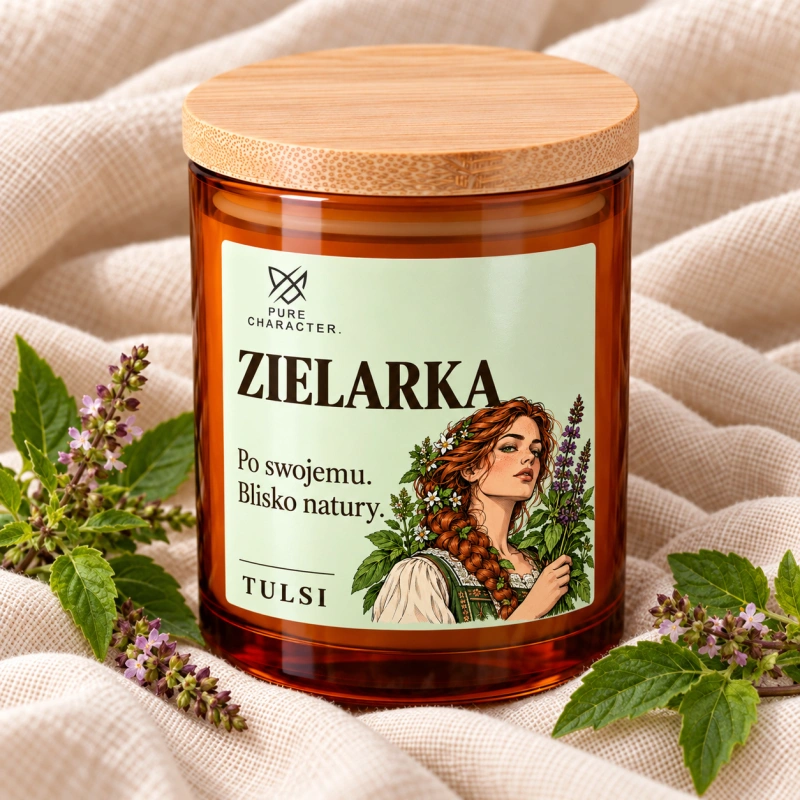 Zielarka w bursztynowym słoiku na jasnym lnie, otoczona kwitnącymi gałązkami.