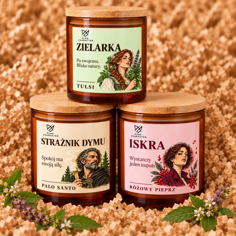 Piramida świec Pure Character: Zielarka na górze, Strażnik Dymu i Iskra na dole.